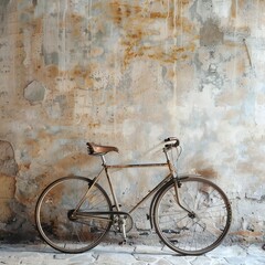 A vintage bicycle leaning against a rustic wall