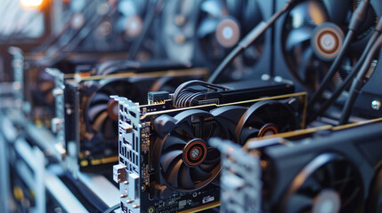 Video cards installed in mining rig. Cryptocurrency mining concept