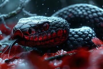 Close-up of a poisonous black snake on a red flower background - obrazy, fototapety, plakaty