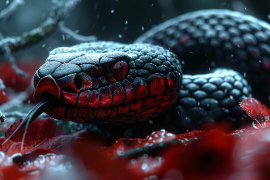 Close-up of a poisonous black snake on a red flower background