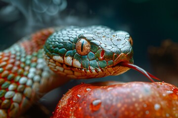 Close up of snake head and red and green bloodsucking fruits