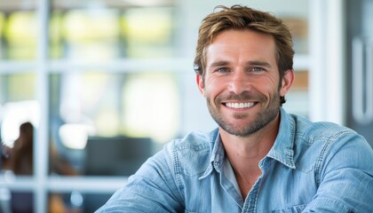 Obraz premium Young businessman leading team meeting with copy space on blurred background for text placement