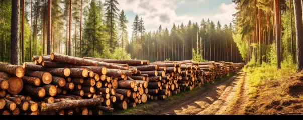 Afwasbaar Fotobehang Bosweg Forest pathway with piles of harvested wood logs