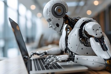 Fototapeta premium Robot Sitting on Top of Laptop Computer