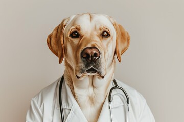 Canine in medical worker attire on gradient backdrop for veterinary clinic concept