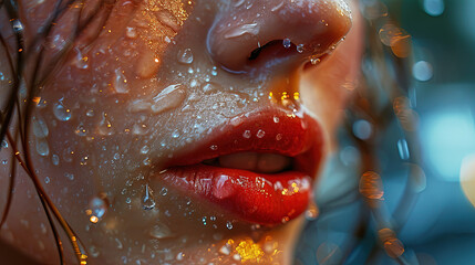 Rain Drops On Gorgeous Women Red Lips With Red Lipstick Background Blur