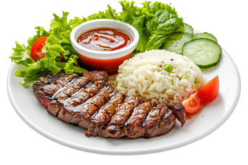 Gourmet meat steak, vegetable salad, sauce and rice on a plate. Delicious healthy meal made of grilled meat
.isolated on white background