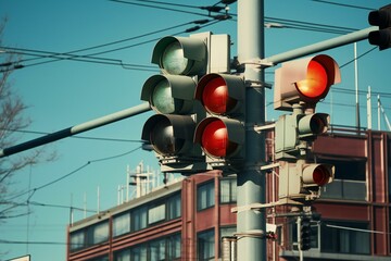 Traffic light in the city with blue sky background - vintage filter