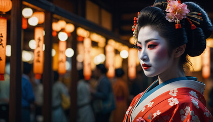 Geisha woman in kimono, graceful performances in Kyoto's historic district - obrazy, fototapety, plakaty