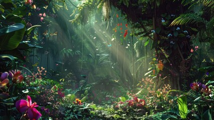 A lush tropical jungle alive with the symphony of nature, with towering trees draped in vines and colorful blooms, and exotic birds flitting among the canopy in a vibrant tapestry of life