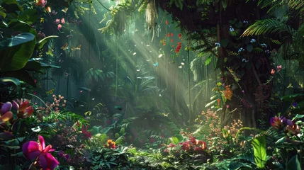 Rugzak A lush tropical jungle alive with the symphony of nature, with towering trees draped in vines and colorful blooms, and exotic birds flitting among the canopy in a vibrant tapestry of life © Amer