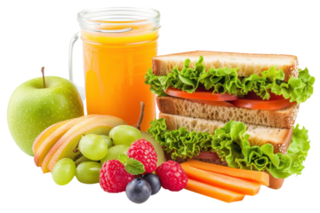 Healthy school lunch with sandwich, fruits and juice
.isolated on white background