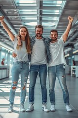 Obraz premium Colleagues celebrating success in modern office with copy space on blurred background