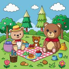 Obraz na płótnie Canvas cartoon-teddy-bear-picnic--black-outline