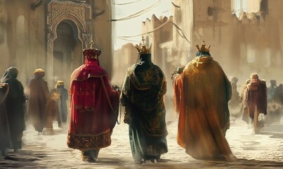 Illustration of three kings bringing gifts to the newborn baby Jesus on dusty streets on land of Judea - obrazy, fototapety, plakaty