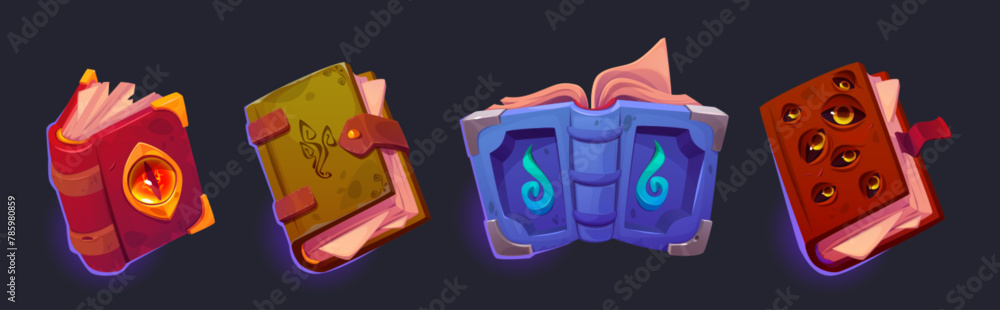 Aufkleber old open magic book for fantasy game ui icon cartoon. halloween wizard library set with ancient fair
