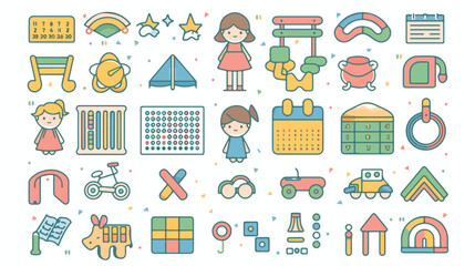 Kindergarten education icons thin line set. Girl boy