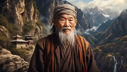Asian wise old man in the mountains - obrazy, fototapety, plakaty