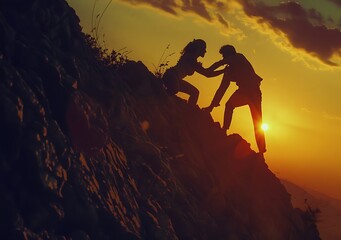 Silhouette of a man helping a woman climb a mountain at sunset