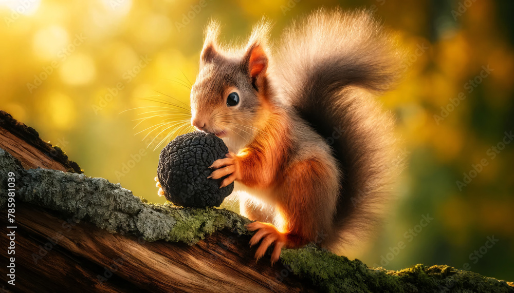Poster a squirrel perched on a tree branch, busily nibbling on a large black truffle. the squirrel's fur is