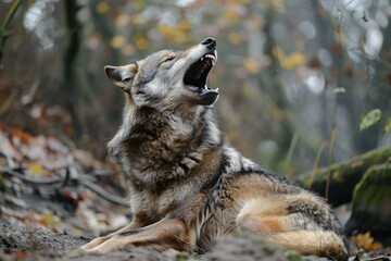 Wolf howling in the forest,  Canis lupus sign