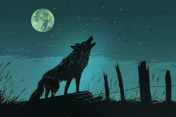Illustration of a wolf in the forest at night with full moon