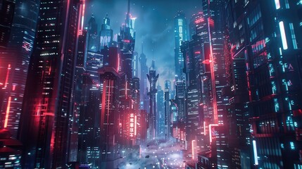 A futuristic cityscape bathed in the soft glow of neon lights and holographic displays, with sleek...