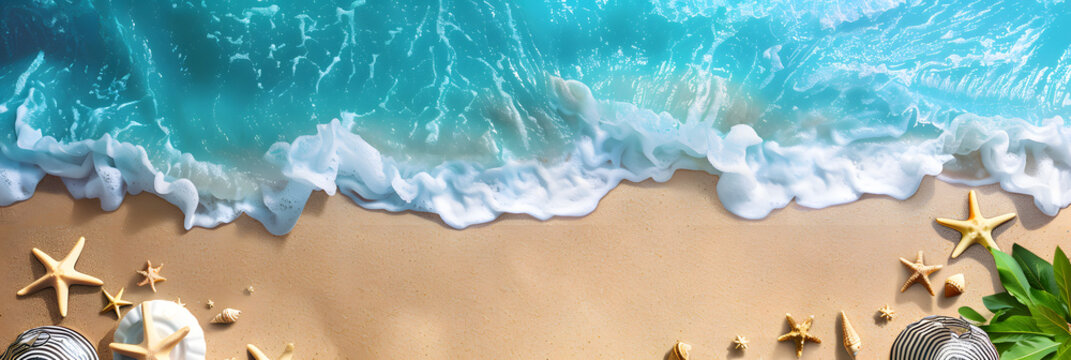 Summer sale banner. top view of summer beach waves background