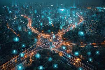 Smart technologically advanced city of energy, transportation, and communication systems. - obrazy, fototapety, plakaty