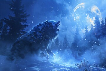 Illustration of a wolf in the forest with a full moon - obrazy, fototapety, plakaty