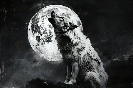 White wolf in front of the full moon,  Black and white image