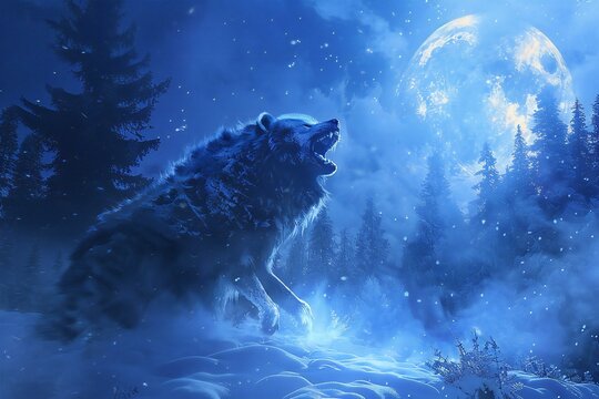 Illustration of a wolf in the forest with a full moon