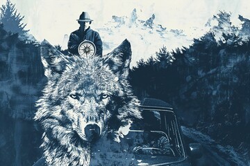 Illustration of a wild wolf with a rider on the hood of a car - obrazy, fototapety, plakaty