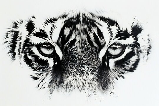 Tiger head on white background,  Black and white ink drawing