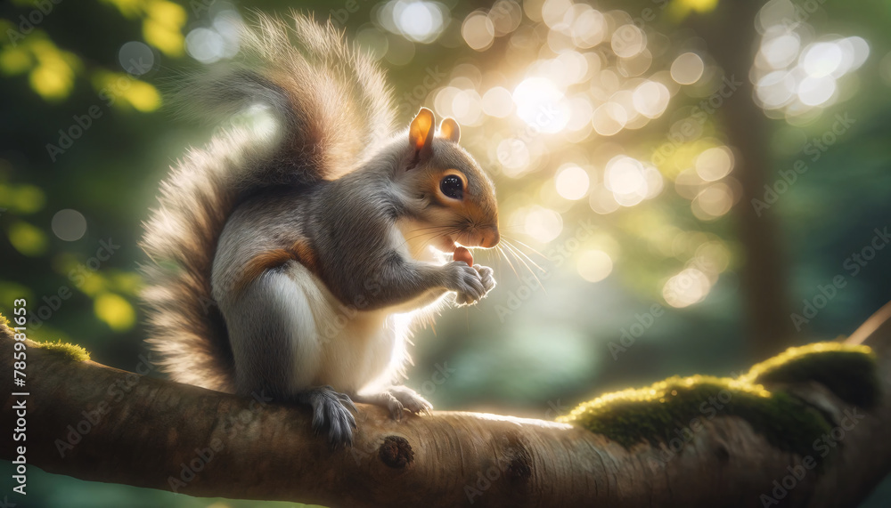 Poster a grey squirrel sitting on a tree branch, engaged in the act of eating. the squirrel is captured in 