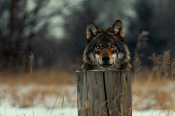 Grey wolf standing on a wooden stump in the winter forest,  Front view