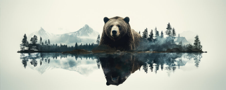 Solitary brown bear reflected in serene lake. Bear for t-shirt printing design.