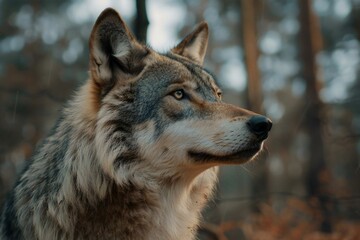 Naklejka na ściany i meble Grey wolf in the forest, Portrait of a wild animal
