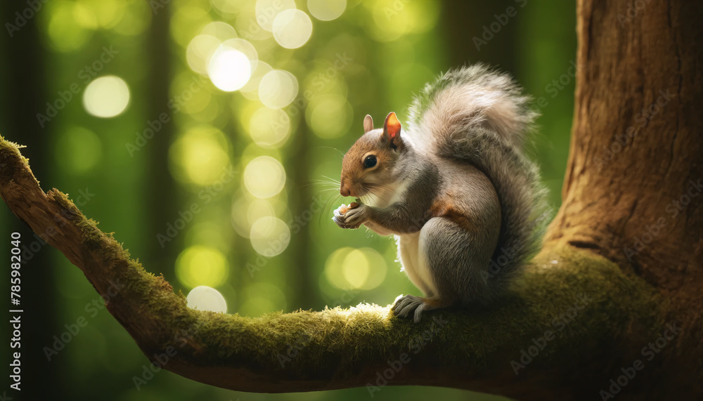 Poster a high-resolution of a grey squirrel sitting on a thick tree branch. the squirrel is captured in the