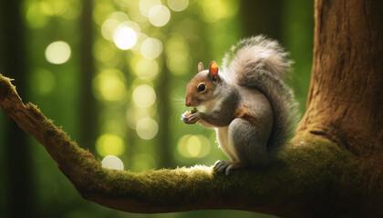 A high-resolution of a grey squirrel sitting on a thick tree branch. The squirrel is captured in the act of eating a small nut