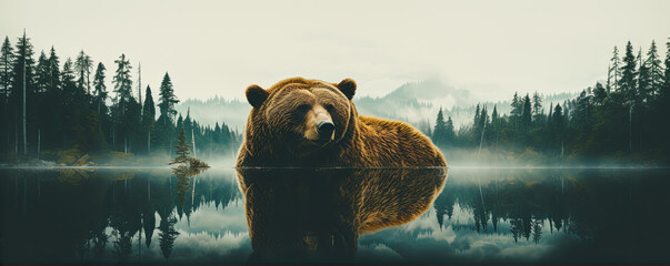 Solitary brown bear reflected in serene lake. Bear for t-shirt printing design. - obrazy, fototapety, plakaty