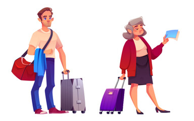 People travel with suitcase. Woman and man tourist with luggage walk in airport to vacation. Old and young passenger png set isolated on background. Adult voyage by train on pension lifestyle design