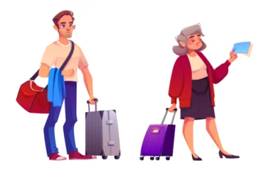 Foto op Plexiglas People travel with suitcase. Woman and man tourist with luggage walk in airport to vacation. Old and young passenger png set isolated on background. Adult voyage by train on pension lifestyle design © klyaksun