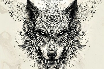 Wolf head with floral pattern on grunge background,  Hand-drawn illustration