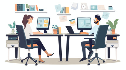 Man and woman at the desk in the office vector illustration