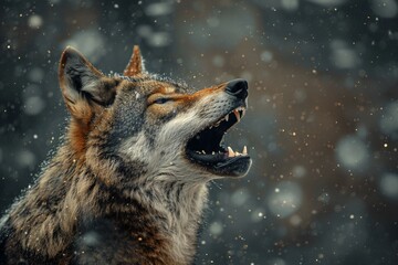 Portrait of a wolf howling in the winter forest,  Wild animal