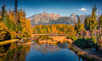 Calm autumn view of Strbske pleso lake. Astonishing morning view of High Tatra National Park, Slovakia, Europe. Beauty of nature concept background.