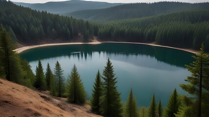 Beautiful landscape view of pine forest tree and lake view of reservoir Generative Ai
