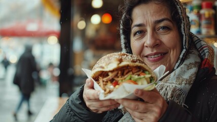 Woman is holding doner kebab in her hand,shawarma, turkish doner