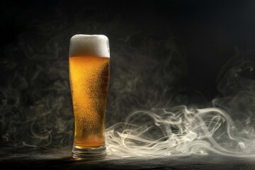 Glass of beer on wooden table with smoke and fog on background